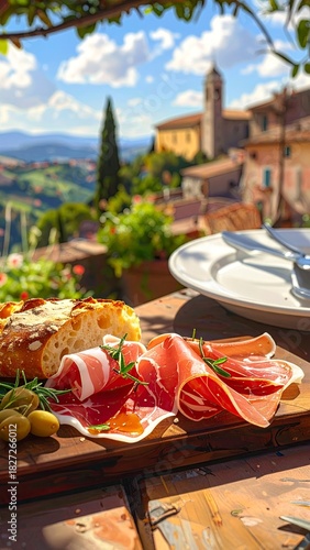 Tuscan Feast - Prosciutto and Bread with a View of Montepulciano.