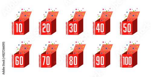赤いプレゼントの箱が開いてカラフルな紙吹雪が飛び出す10周年から100周年のアニバーサリーロゴマークセット、ポップで楽しい周年祝いのアイコン素材