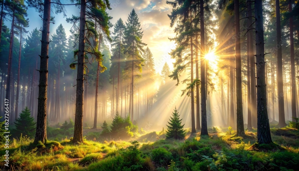 Fototapeta premium Warm rays of sunlight stream through the tall pine trees of a foggy, sun-drenched forest.