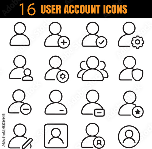 User Account Icons Collection, Profile and Login Outline Symbols, Personal Identity Vector Set, Access Management Minimal Icons Pack