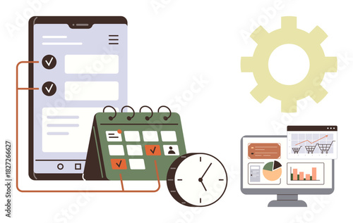 Mobile checklist, table calendar with marked dates, clock, analytics charts on computer screen, and gear. Ideal for productivity, planning, organization, time tracking task management workflow