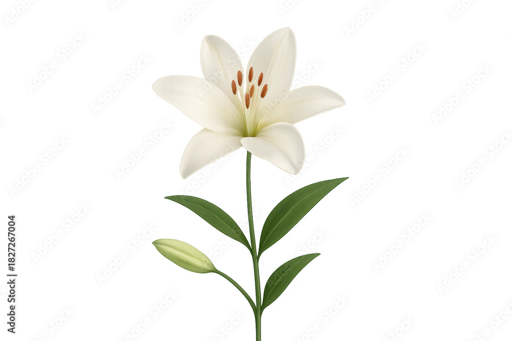 Naklejka premium White lily flower blooming with green leaves transparent background