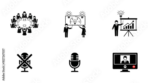 Business and technology icons representing teamwork, ideas, and communication in various forms