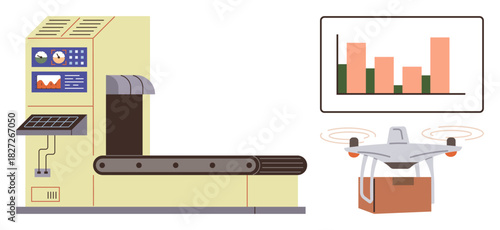 Industrial conveyor line processes goods while quadcopter transports package. Data chart shows performance metrics. Ideal for automation, logistics, technology, warehouse management, AI systems