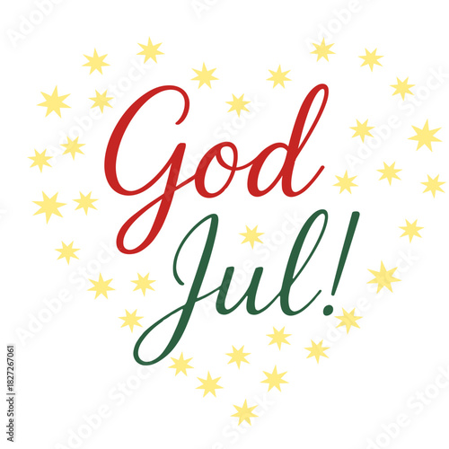 Swedish text God Jul with gold stars in heart shape, simple Scandinavian Christmas greeting