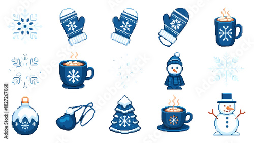 Winter Holiday Icons Snowflakes, Mittens, Hot Drinks, Snowman, and Festive Decorations