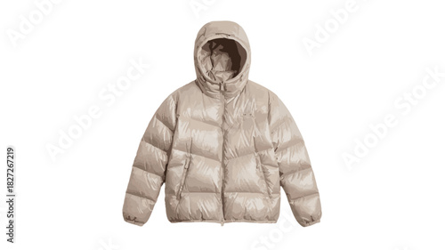 Light Beige Puffer Jacket with Hood and Zipper Detail on White Background down jacket insulated jacket