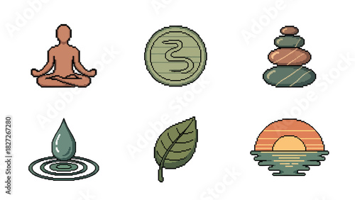 Zen Meditation, Nature Elements, and Serene Sunset Icons for Wellness and Mindfulness