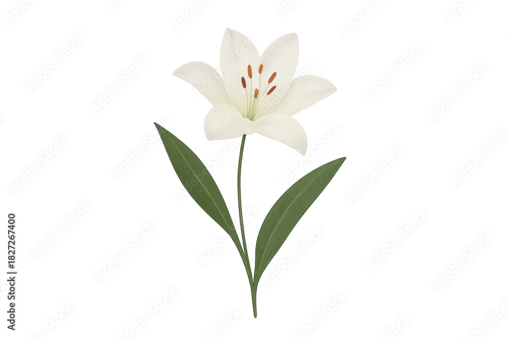 Naklejka premium White lily illustration with green leaves on transparent background