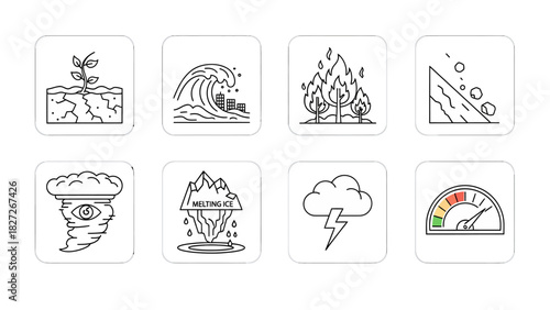 Set of icons representing various natural disasters and environmental concerns