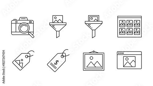 Photography and stock photo business thin line vector icon set for web and mobile design
