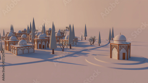 Fantasy cityscape with domes and spires in a desert landscape