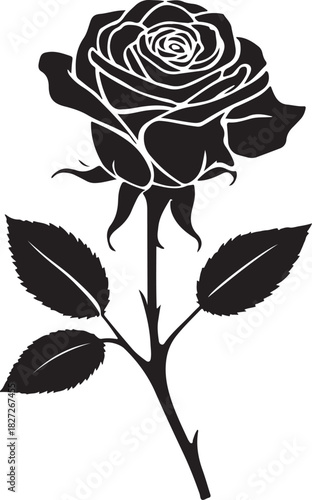 Black and white single rose flower with leaf vector illustration isolated on white