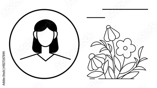 Female silhouette inside a circle next to blooming flowers, symbolizing identity, self-growth, nature, harmony, and simplicity. Ideal for personal development, mindfulness, wellness ecology beauty