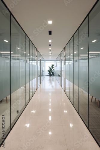 Bright corporate office hallway with glass partition walls, modern corridor interior, clean workplace passage and contemporary business architecture design