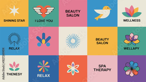Colorful and modern minimalist beauty and wellness logo icons collection with abstract shapes