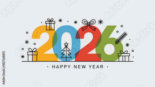 Colorful 2026 New Year Greeting with Gift Boxes, Snowflakes, and Tree Illustration