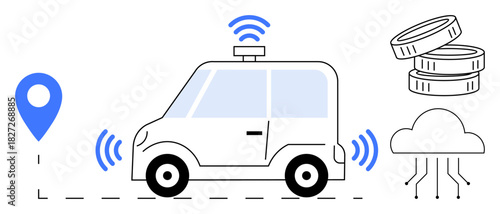 Autonomous vehicle with location marker, wireless signals, cloud technology, and coins symbolizing cost. Ideal for technology, navigation, automation, transportation, innovation finance mobility