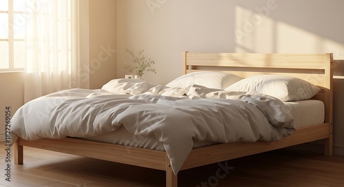 Minimalistic bedroom setup showcasing a modern wooden bed frame