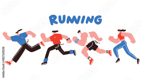 Dynamic Group of Runners in Flat Vector Style Illustration