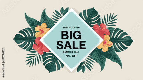 A modern promotional banner featuring a vibrant floral design with a special summer big sale offer