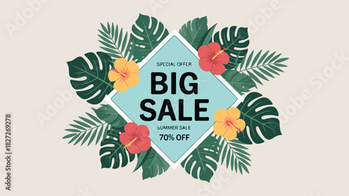Big Summer Sale Advertisement with Tropical Leaf and Flower Elements on Beige Background