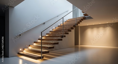 Modern staircase architecture with floating steps and subtle lighting
