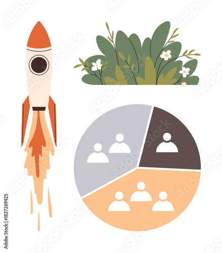 Rocket achieving liftoff with team graphic inside a segmented pie chart and floral plants symbolizing growth. Ideal for teamwork, innovation, growth strategy, business launch, organization, startup