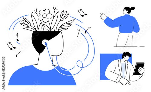 Person with blooming flowers from head listening to music, notes surrounding, pointing figure and individual with tablet. Ideal for creativity, teamwork, ideas, focus, inspiration, self-expression