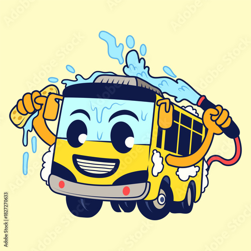 Cartoon Bus Car Wash Himself with Happy Face