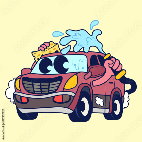 Cartoon Car Wash Himself with Happy Face