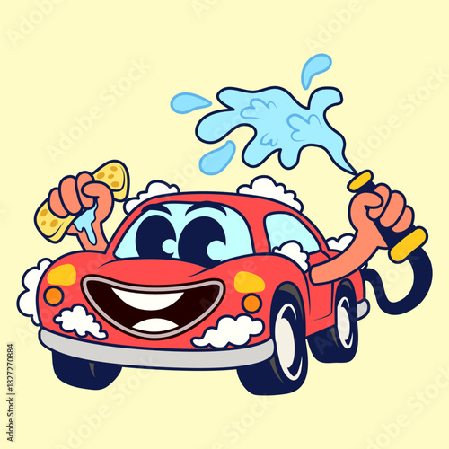 Cartoon Red Car Wash Himself with Happy Face