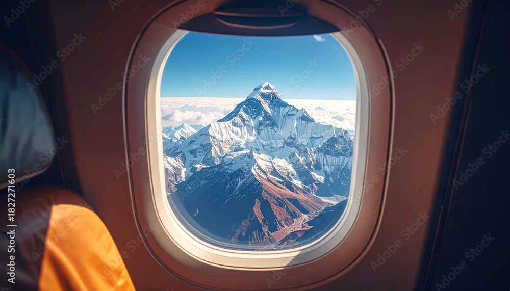 Naklejka premium Breathtaking View of Majestic Mountain from Airplane Window