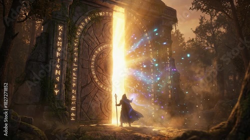 魔法の扉が開き光粒子が溢れ出す幻想ループ背景