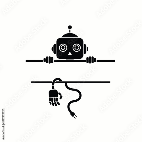 Cute black robot head with a dangling hand and plug, isolated on, split design element for customization