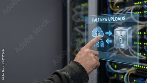 Halt new uploads command on digital interface preventing ai data leakage with secure cloud and locked storage for protection and control