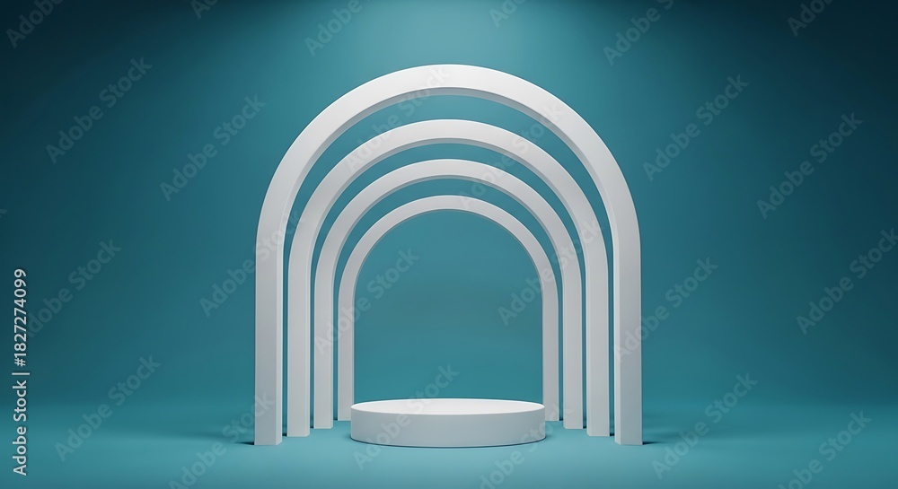 Naklejka premium Elegant minimalist archway display stage on a subtle teal backdrop scene