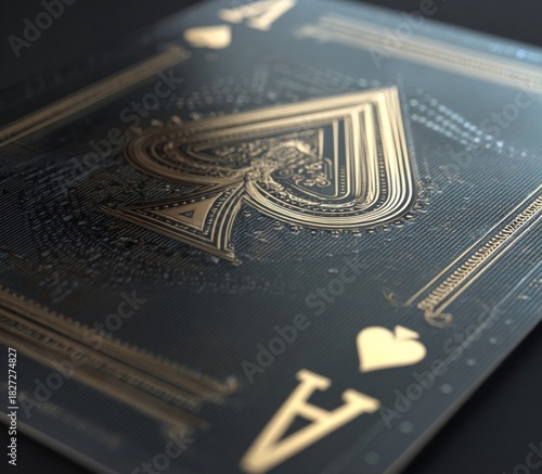 Ace of Spades Playing Card: A close-up shot of the Ace of Spades card with an intricate design, featuring the iconic spade symbol and elegant details. The card embodies luck, skill.