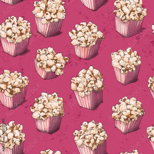 Seamless hand-drawn popcorn pattern on pink background, fun and playful dish design