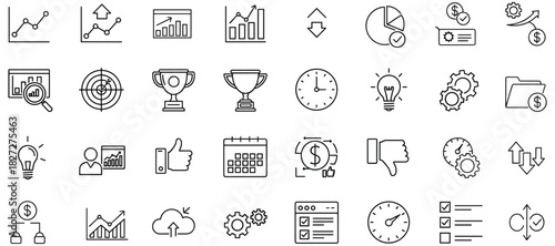 Collection of flat design business and finance icon set in minimalist style, editable strokes