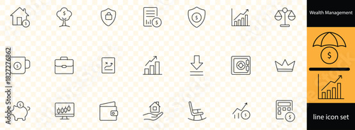 pictograms of candlestick chart, financial wallet, investment growth, market analysis, profit graphs, business reports, and wealth management, thin linear illustration
