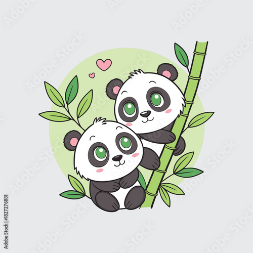 Playful Panda Cubs Climbing Bamboo Vector Cartoon Illustration of Two Cute Animals Surrounded by Green Leaves and a Heart Shape on Light Gray Background