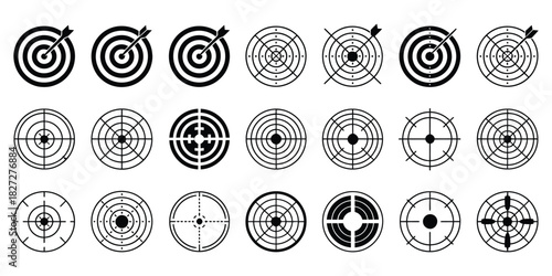Archery Target Bullseye Icon Set in Clean Modern Vector Illustration Style Featuring Precision Aim Symbols, Marksmanship Elements, Sport Accuracy Graphics, and Minimal Circular Target Designs