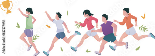 Everyone is running for the trophy, with leaves all around.