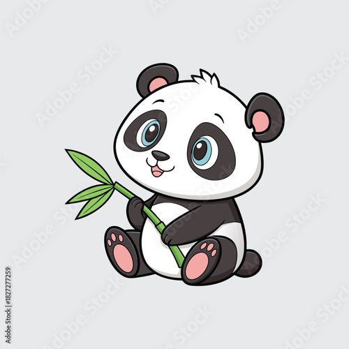 Cartoon Panda Bear Sitting And Holding Bamboo Stick Vector Illustration Animal Character Design With Black And White Fur Blue Eyes Pink Paws And Green Leaves Isolated On Plain Background