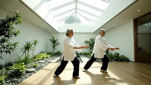 Senior couple practicing tai chi in sunlit atrium with plants.
