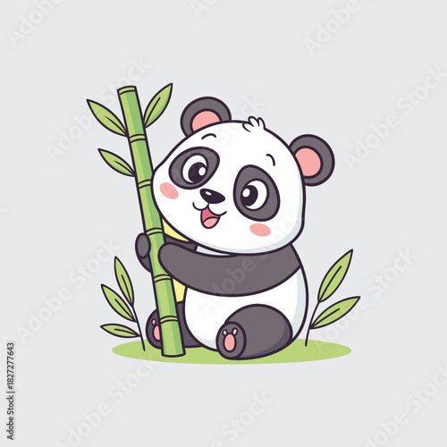 Adorable Panda Bear Hugging Bamboo Cartoon Vector Illustration of Cute Animal Character Isolated on Light Gray Background with Green Leaves and Happy Expression