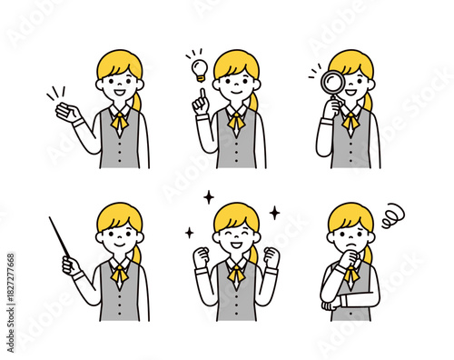 制服を着た若い女性・OLの上半身ベクターイラスト素材セット＿ポーズのバリエーション