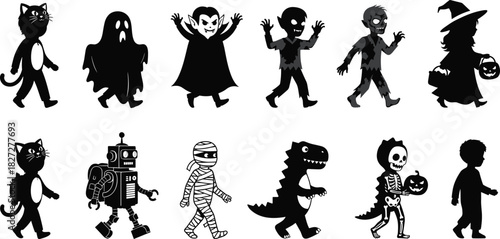 Collection of black and white cartoon Halloween characters walking costume silhouette