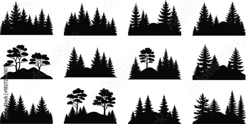Collection of black silhouette forest landscapes with pine trees and deciduous trees on white background